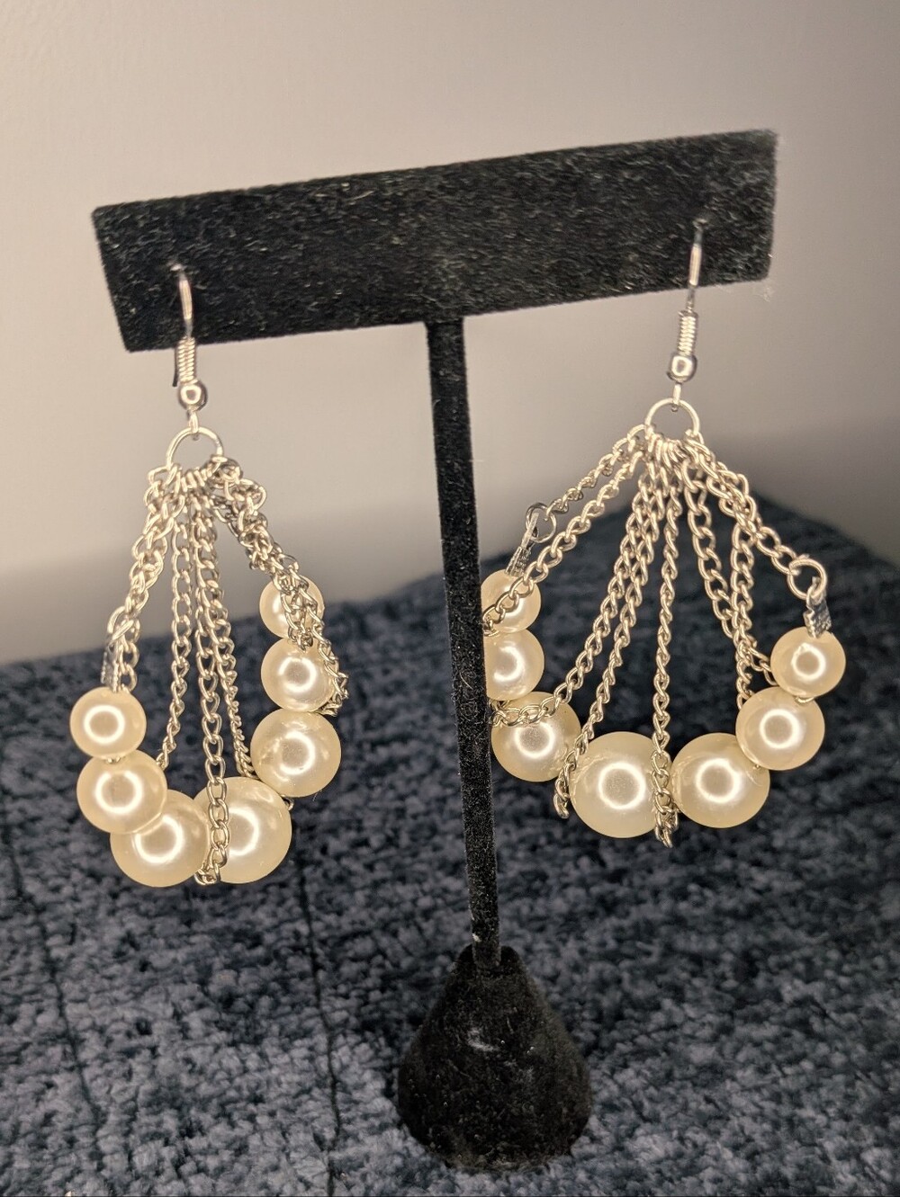 Silvertone Multi Chain Faux Pearl Chandelier Dangle Drop Statement Earrings